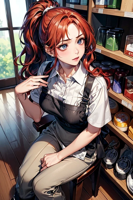 ((Highest quality)),(超High resolution),(Very detailed),(Detailed Description),((The best CG)),(masterpiece),Ultra-detailed art、(Highest quality、8k、32K、masterpiece)、(Realistic)、(Realistic:1.2)、(High resolution)、Very detailed、((Very beautiful face and eyes、Red hair、Loose wavy hair:1.6、hair band:1.9、Low ponytail:1.4))、1 female、Tight waist、Delicate body、(Highest quality、Attention to detail、Rich skin detail)、(Highest quality、8k、Oil paints:1.2)、Very detailed、(Realistic、Realistic:1.37)、Bright colors、Beautiful Japanese Women、Detailed face、Smooth Skin、Big Breasts、
"Part-time housewife working at a supermarket、((Light blue polo shirt、Features a simple logo and ribbed collar.。Bottoms are、Khaki Tapered Pants。Please wear a front apron or full-coverage apron of the same color、Shoes are black sneakers))。(Add accessories with a simple belt、This includes、This includes understated jewelry such as wedding rings and simple earrings.)。If necessary, Wear a light cardigan or jacket、(長い髪にはhair bandを使用する:1.6)。(((Fresh ingredients are everywhere in the background、Food on the shelves、You can see that the products are neatly arranged.:1.4)))。"