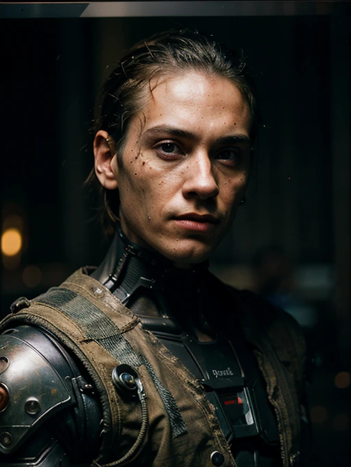 cyberpunk photo, realistic portrait, male cyborg, robotic face, half-human, robotic body, rusty body, old exoskeleton, simple black background, darkness, depth of field  , bokeh, neon lights, dull colors, muted colors, low light, film grain, analogue photography.