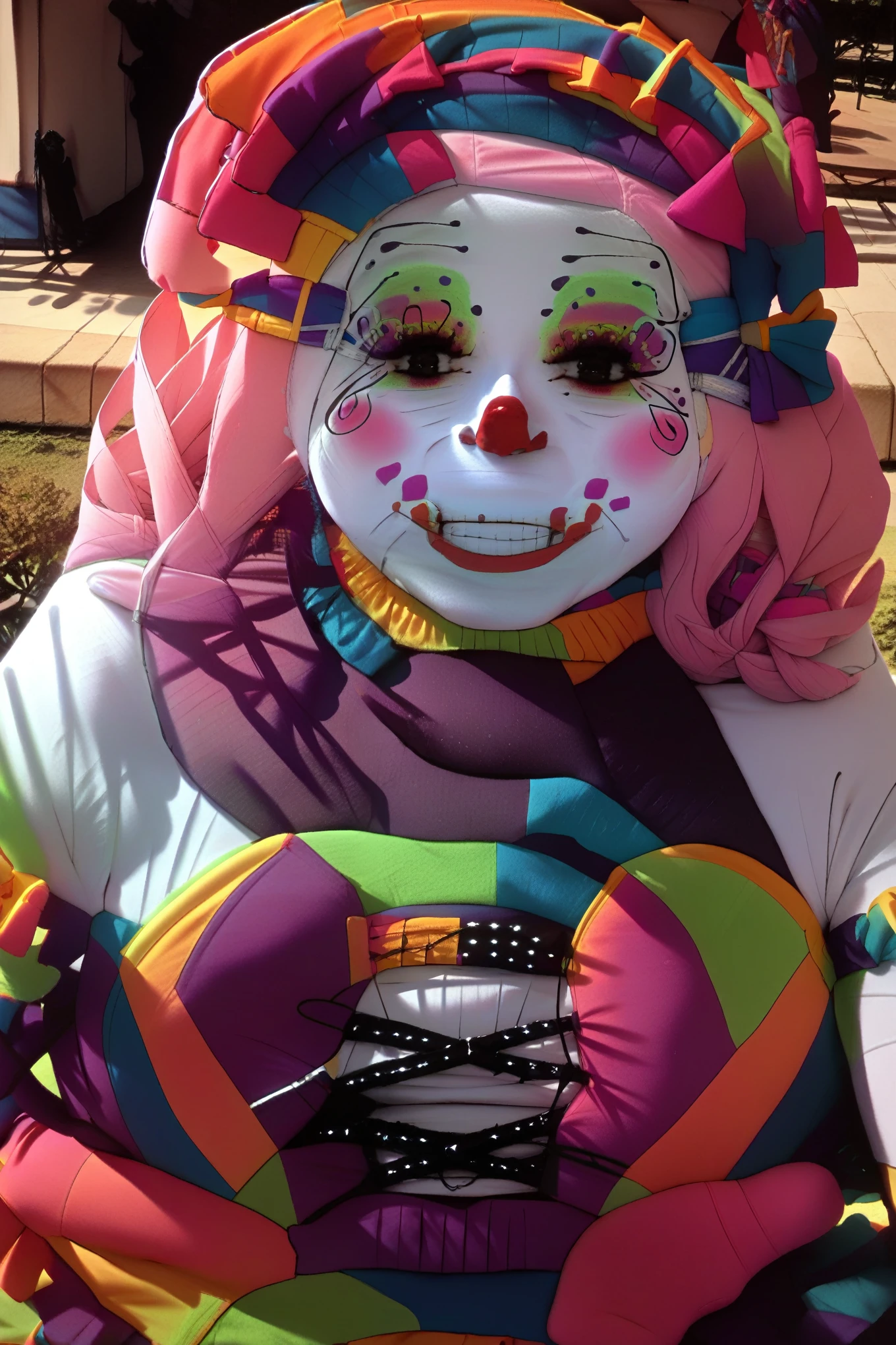 score_9, score_8_above, fountain_cheered up, 1 girl, solo BREAK edgDisordered,red clown nose, A woman dressed in a costume with a clown face ,using edgClussy, huge breasts, Leaning forward, crouched, smile, presumed, neckline, pink hair, breast lift, bare breasts