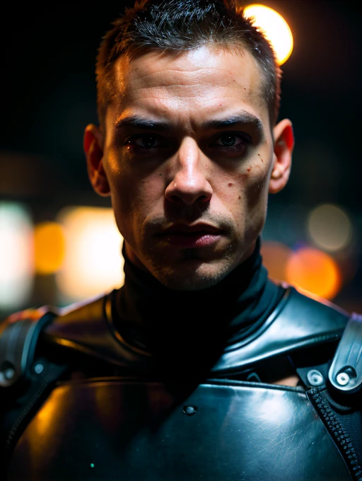 cyberpunk photo, realistic portrait, male cyborg, robotic face, half-human, robotic body, rusty body, old exoskeleton, simple black background, darkness, depth of field , bokeh, neon lights, dull colors, muted colors, low light, film grain, analogue photography.