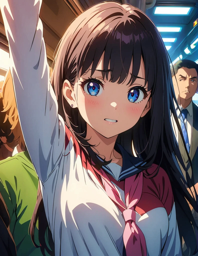 (anime artwork, anime style, studio anime, very detailed, up to date, vibrant, Anime Coloring, high contrast, masterpiece:1.2, best quality, best aesthetics),, 1girl, arm up, 1man, {{{man put hands on girl’s crotch}}}, train interior, crowded, weep face