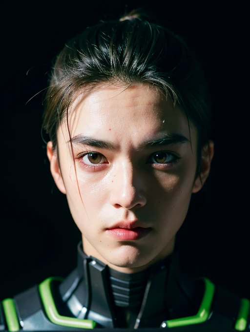 cyberpunk photo, realistic portrait, male cyborg, robotic face, half-human, robotic body, rusty body, old exoskeleton, simple black background, darkness, depth of field  , bokeh, neon lights, dull colors, muted colors, low light, film grain, analogue photography.