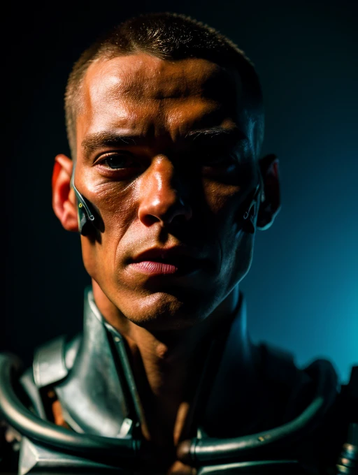 cyberpunk photo, realistic portrait, male cyborg, robotic face, half-human, robotic body, rusty body, old exoskeleton, simple black background, darkness, depth of field , bokeh, neon lights, dull colors, muted colors, low light, film grain, analogue photography.