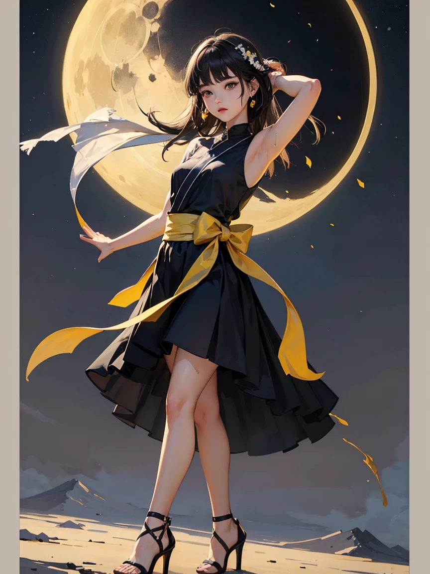 Low angle full body shot 1.4、（Pitch Black Night、moonlight、Black Sky、Distant Mountain々々You can see a wide meadow、many petals、Hair blowing in the wind）（（（Yellow and black dress、High heels）））、（（（Full body shot、Saints praying to the moon）））（（（Japanese women, 18-year-old、Small face 1.4、、Blunt bangs、length、Straight Hair、Black-haired、Five Fingers、Full body photo 1.4）））、（Small ear-shaped arms and legs、Full waist circumference、Detailed skin with blood vessels showing through、Beautiful skin shining with sweat、Detailed skin with visible pores、Realistic, Detailed skin of downy hair、リアルでDetailed skin、Highly detailed and beautiful face、Beautiful and well-proportioned face、Very cute face、Darkening of the armpits、Detailed skin）
