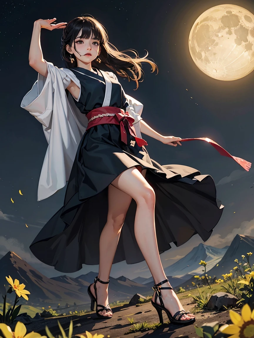 Low angle full body shot 1.4、（Pitch Black Night、moonlight、Black Sky、Distant Mountain々々You can see a wide meadow、many petals、Hair blowing in the wind）（（（Yellow and black dress、High heels）））、（（（Full body shot、Saints praying to the moon）））（（（Japanese women, 18-year-old、Small face 1.4、、Blunt bangs、length、Straight Hair、Black-haired、Five Fingers、Full body photo 1.4）））、（Small ear-shaped arms and legs、Full waist circumference、Detailed skin with blood vessels showing through、Beautiful skin shining with sweat、Detailed skin with visible pores、Realistic, Detailed skin of downy hair、リアルでDetailed skin、Highly detailed and beautiful face、Beautiful and well-proportioned face、Very cute face、Darkening of the armpits、Detailed skin）