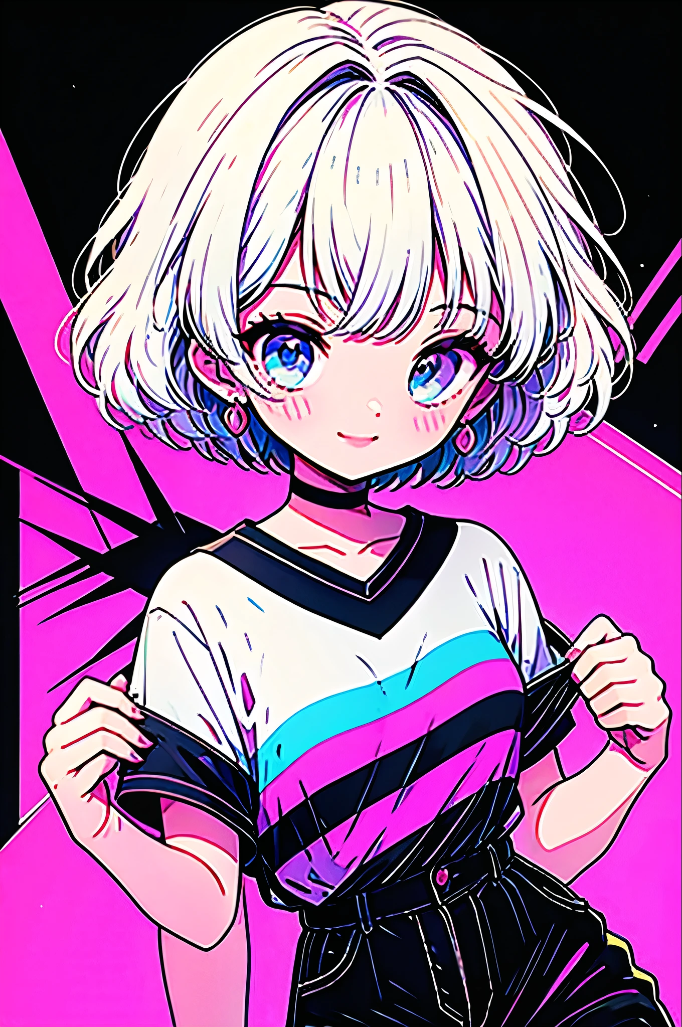 Highest quality,smile,woman,woman1人,cute,Short Bob,White Hair,Light blue eyes, Black T-shirt,Black shorts,Earrings,Black choker, Pink background,Touching your face,