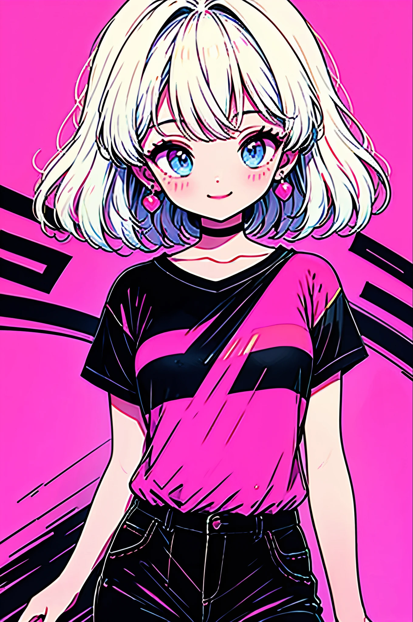 Highest quality,smile,woman,woman1人,cute,Short Bob,White Hair,Light blue eyes, Black T-shirt,Black shorts,Earrings,Black choker, Pink background,Touching your face,