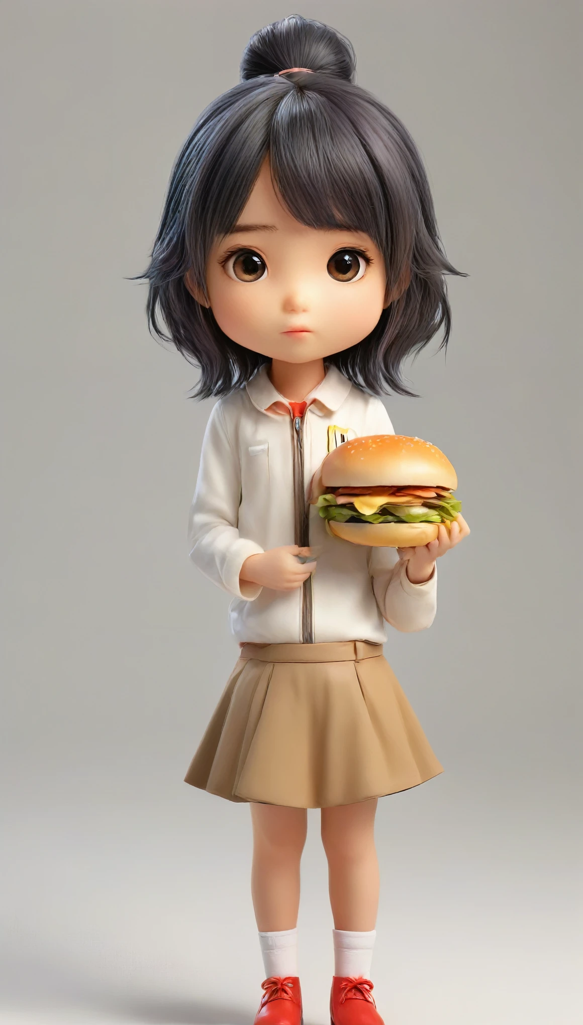 Little、Mac、Big Face、Big eyes、Holding a hamburger、Girl、Black Hair、Simple Background