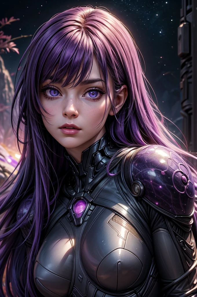 Realistic, Photorealistic, Masterpiece, RAW photo, full-length portrait, Beautiful Alien Woman With Lots Of Purple Hair, On a distant fantasy planet, Cosmic landscape, Cute y, Highly detailed, scifi aesthetic, Fantasy Aura, Unearthly vegetation, HDR, intricate details, realistic face and eyes, hyper-detailing, Author: Giger, Cinematic, Depth of field, rim light