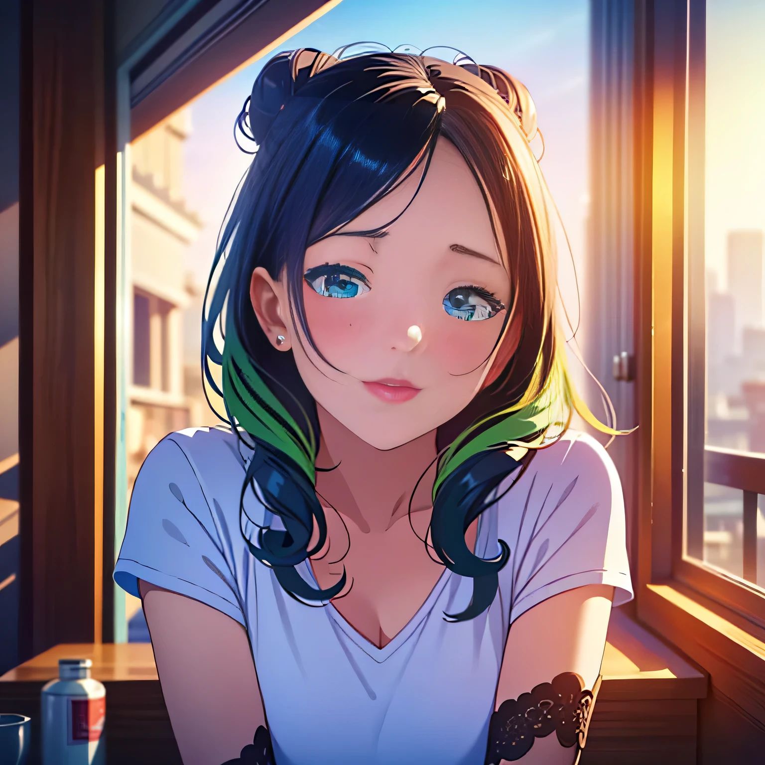 1girl, beautiful young woman, detailed hair in a bun, long forehead, seductive eyes, small nose, red smiling lips, pink blush, fair skin, blue-green t-shirt, black miniskirt, leaning on desk, (best quality,4k,8k,highres,masterpiece:1.2),ultra-detailed,(realistic,photorealistic,photo-realistic:1.37),vivid colors,sharp focus,HDR,UHD,studio lighting,ultra-fine painting,physically-based rendering,extreme detail description,professional,portraits