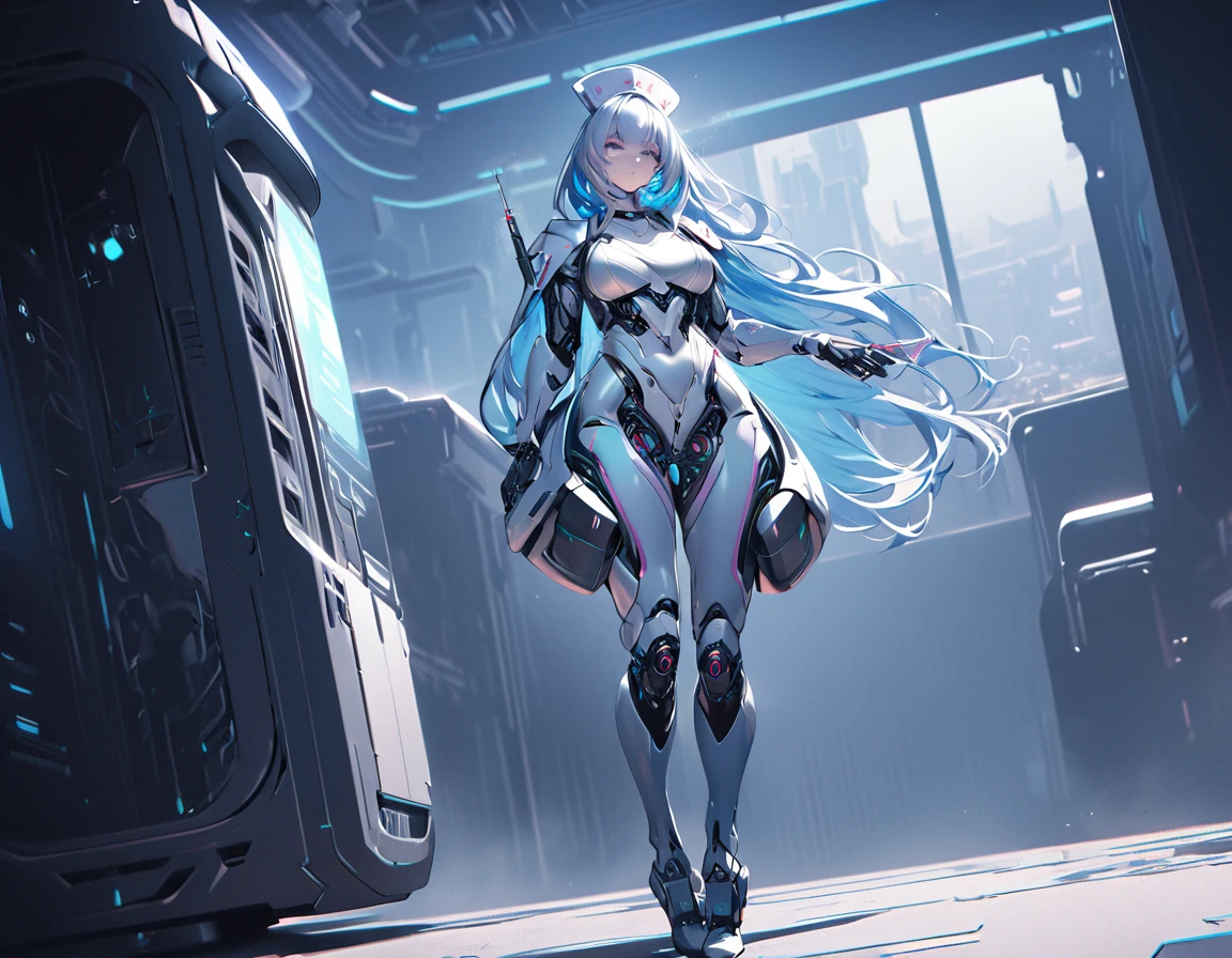 a picture of mech nurse in a futuristic hospital, exquisite beautiful nurse,  dynamic hair style, ((full body shot: 1.5)), ((anatomically correct: 1.5)), (ultra detailed face: 1.2), best detailed face, wearing white nurse robes, white pants, white high heels, delicate mechanical parts, (she holds a syringe: 1.3), cyberpunk hospital background, vibrant, Hyperrealism style, vibrant, Ultra-high resolution, High Contrast, (masterpiece:1.5), highest quality, Best aesthetics), best details, best quality, highres, ultra wide angle, 16k, [ultra detailed], masterpiece, best quality, (extremely detailed) RAW, mecha