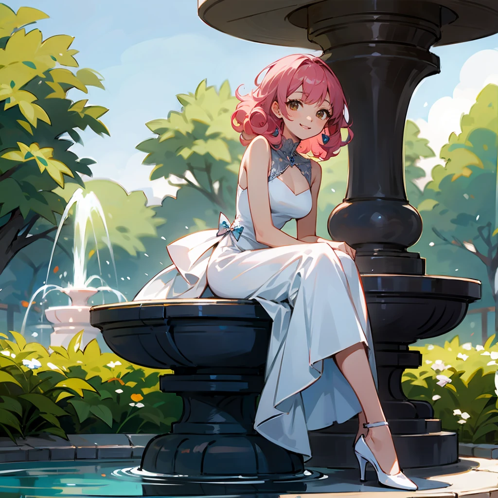 1female, Pink Hair, Green Ball Gown, Curly Hair, White Heels, Elegant Attire, Brown Eyes, Smiling, , High Ranker, Adult Female, Garden, Sitting by a Fountain