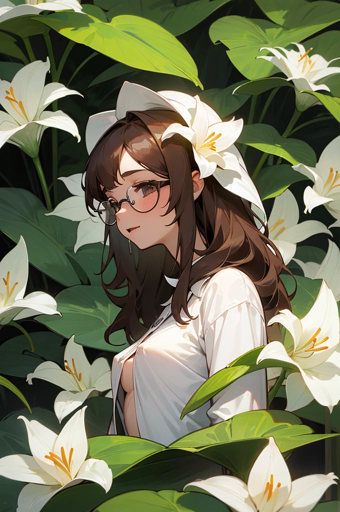 (a woman and an exotic plant in a forest) full image, a young female botanist, long wavy brown hair with glasses, her mouth slightly open, drool flowing from her mouth, a surprised but happy woman, a big breast , blouse a little open, look near a white lily, in an exotic forest, (a plant with a big white lily), ((the flower hypnotizes the woman)),  on this white shirt on the chest, woman to sexually exit, a herb with a small needle coming out of the plant comes to prick the woman's nipples