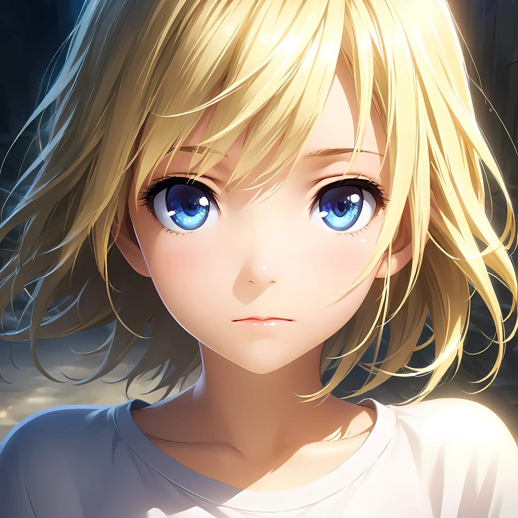 portrait, Practical, blue eyes, Blonde hair, Mid-chest, 4K resolution, High quality CG, Beautiful CG, Soft Light, Octane Rendering, white t-shirt, closed-mouth, wide angle, front, direct gaze, frontal view, headshot