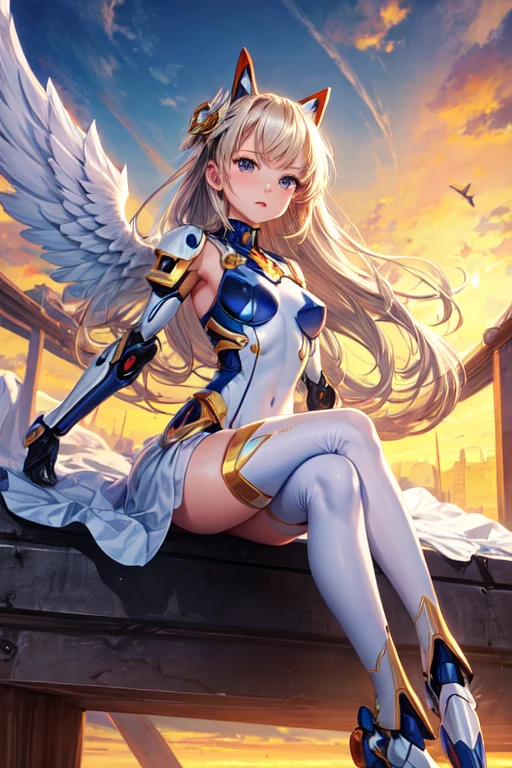 woman angel anime style dolbuck , mecha minindress 2d, dynamic poses, sitting, bridge ((Best Quality)), ((masterpiece)), (detailed)