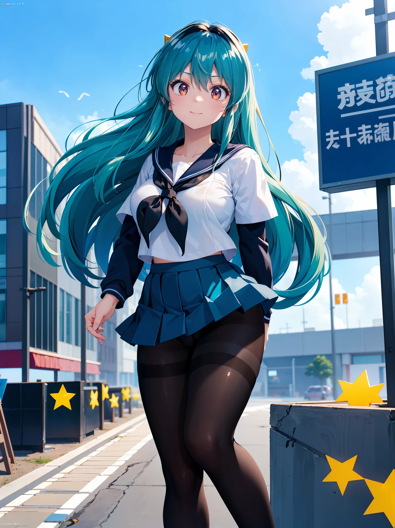 (1 Girl:1.2),(high quality), (High resolution), (Very detailed), (8k),(Demolition paperback correct)、Urusei Yatsura、Ram-chan、Sexy Lingerie、Wearing a sailor uniform、((Focus on the whole body))、Nipple Shape、((Black Pantyhose))、Hair messed up by the strong wind、Neutral White Lighting,Sexy pose、
