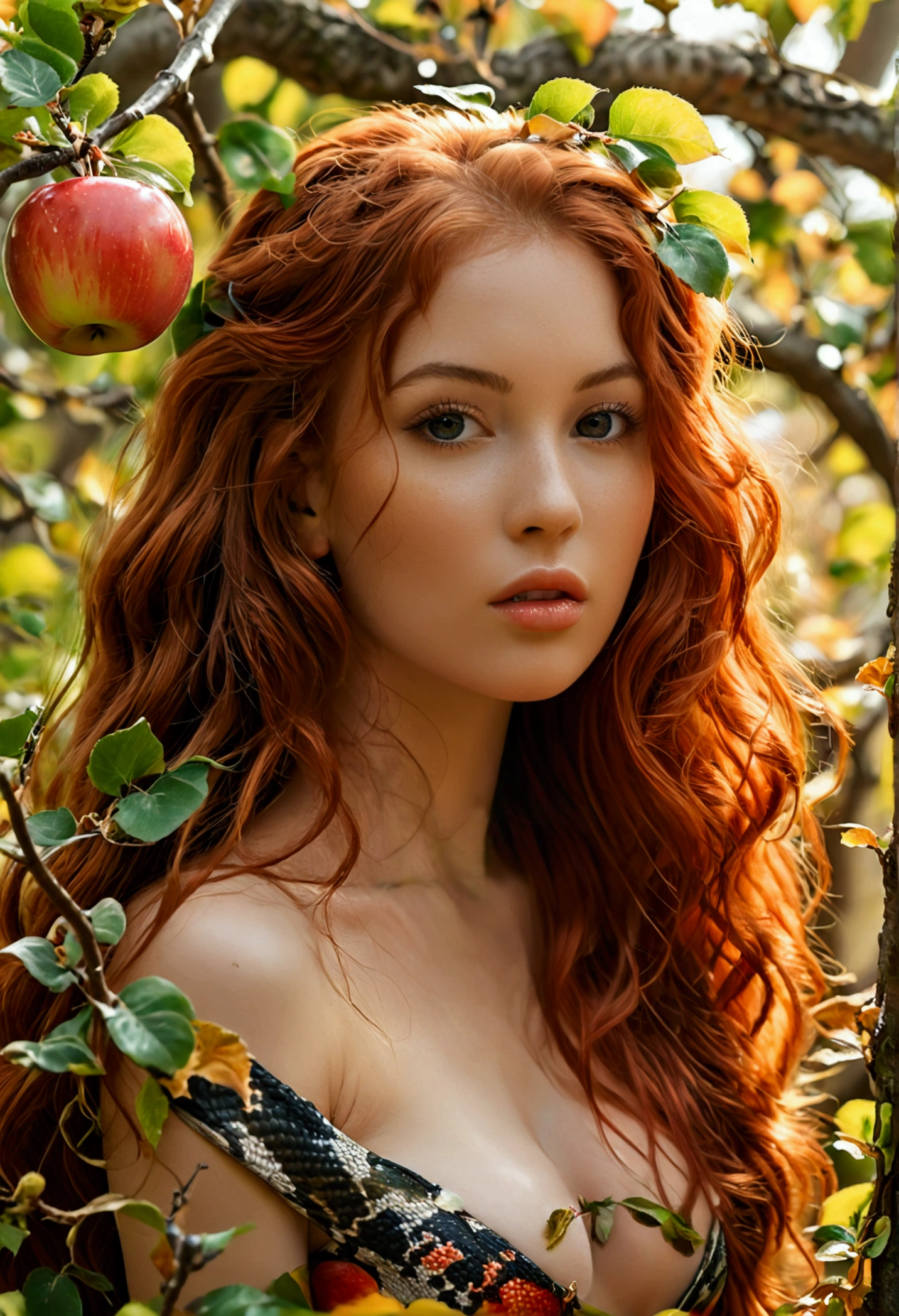 ultra realistic, photography, long red hair, girl, 24 years old, hourglass figure, perfect body, Flirty look, natural breasts, blur background, in paradise, nude but covered with leaves, holding a shiny red apple in her hand, near an apple tree, a snake comes out of the tree, full body (full body) (wide angle)
