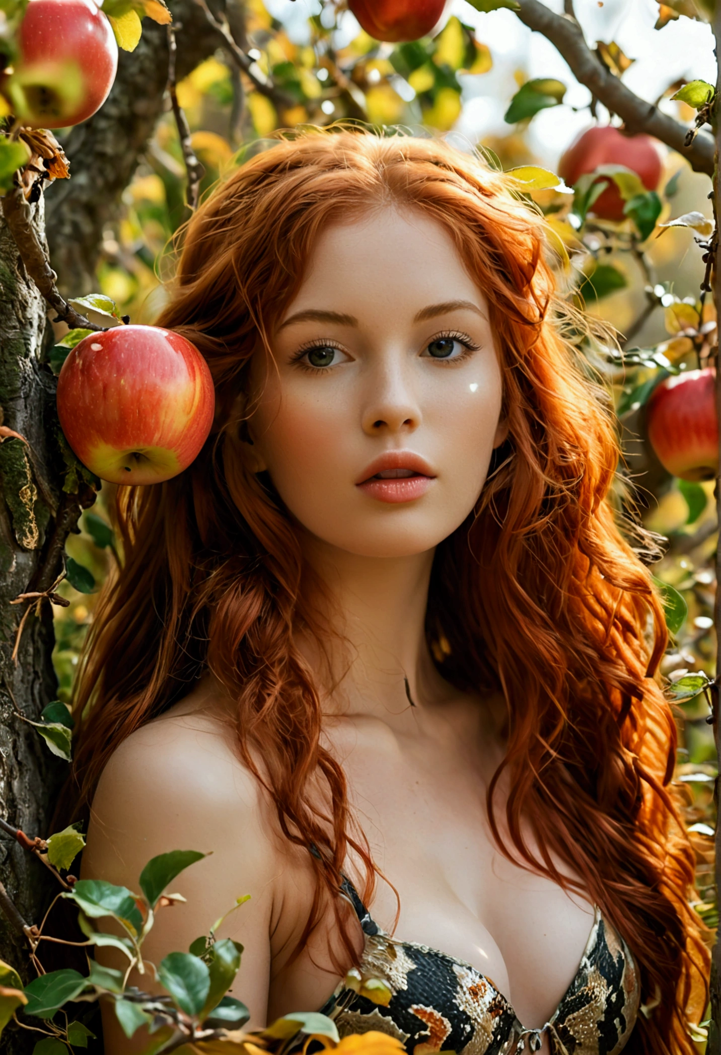 ultra realistic, photography, long red hair, girl, 24 years old, hourglass figure, perfect body, Flirty look, natural breasts, blur background, in paradise, nude but covered with leaves, holding a shiny red apple in her hand, near an apple tree, a snake comes out of the tree, full body (full body) (wide angle)