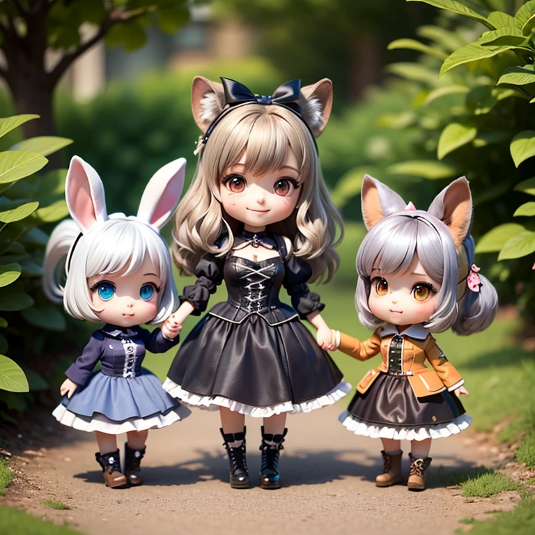 Chibi Character, Three Girls、
A short-haired, silver-haired girl with bunny ears wearing a military uniform、A silver-haired girl with cat ears and a ponytail wearing a military uniform, A girl with long brown hair and squirrel ears wearing a gothic lolita dress、smile, Three people holding hands