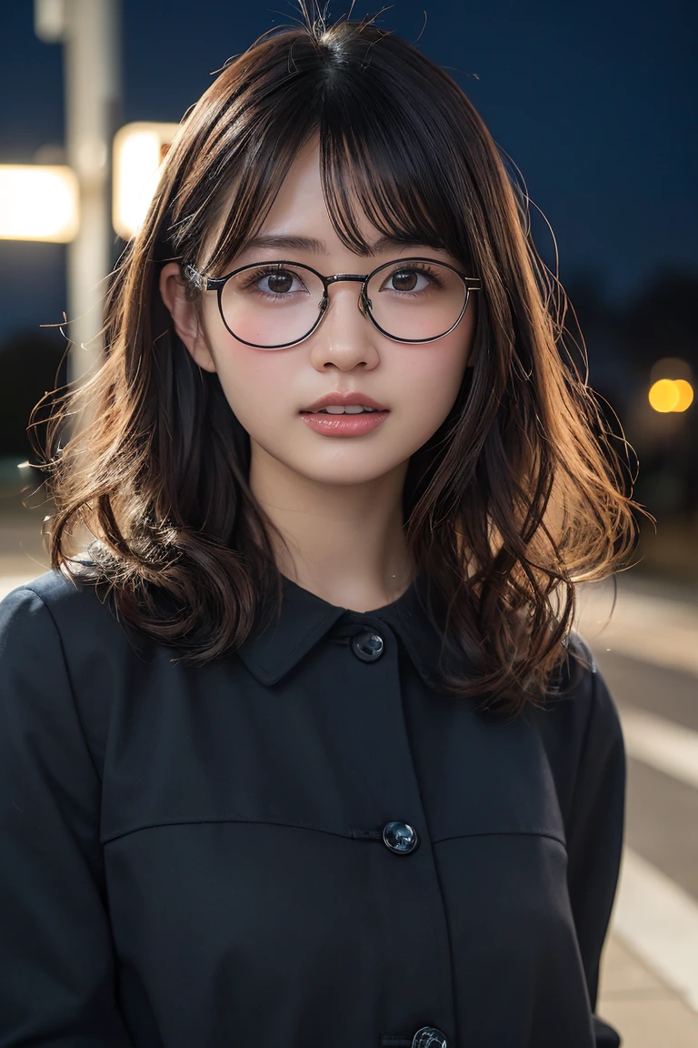 (8k、RAW Photos、Highest quality、masterpiece:1.2)、(Realistic、Photorealistic:1.37)、Ultra-detailed、Ultra-high resolution、1 girl、Seeing the viewer、Beautifully detailed face、Laughter、narrow、(Narrow waist) :1.3)、Chic autumn clothes、Beautifully detailed skin、Skin Texture、Floating Hair、((Curly Hair, Quirky hairstyle, Ahoge))、Professional Lighting、In front of the station at night、((Black square glasses ))、Human whole body、Brown Hair