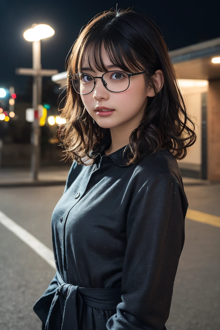 (8k、RAW Photos、Highest quality、masterpiece:1.2)、(Realistic、Photorealistic:1.37)、Ultra-detailed、Ultra-high resolution、1 girl、Seeing the viewer、Beautifully detailed face、Laughter、narrow、(Narrow waist) :1.3)、Chic autumn clothes、Beautifully detailed skin、Skin Texture、Floating Hair、((Curly Hair, Quirky hairstyle, Ahoge))、Professional Lighting、In front of the station at night、((Black square glasses ))、Human whole body、Brown Hair