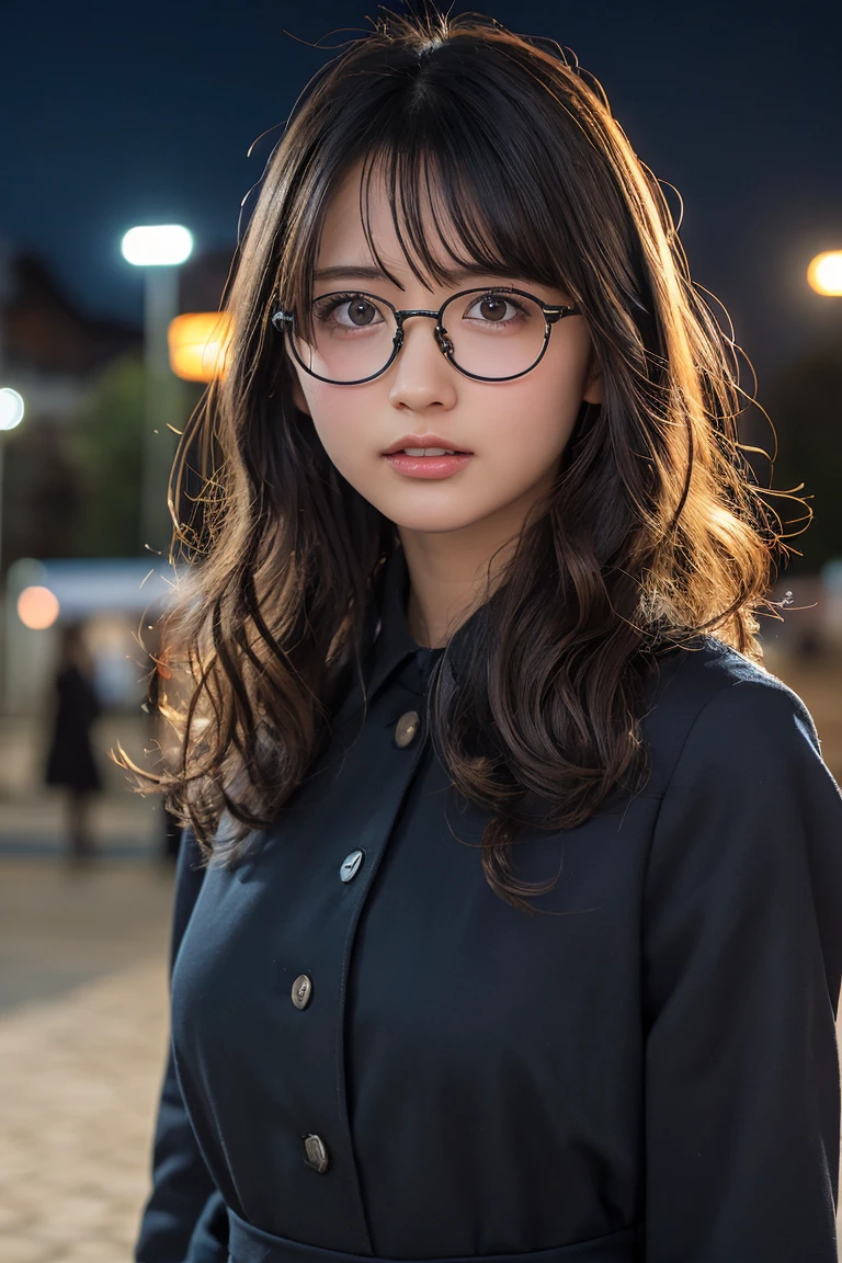 (8k、RAW Photos、Highest quality、masterpiece:1.2)、(Realistic、Photorealistic:1.37)、Ultra-detailed、Ultra-high resolution、1 girl、Seeing the viewer、Beautifully detailed face、Laughter、narrow、(Narrow waist) :1.3)、Chic autumn clothes、Beautifully detailed skin、Skin Texture、Floating Hair、((Curly Hair, Quirky hairstyle, Ahoge))、Professional Lighting、In front of the station at night、((Black square glasses ))、Human whole body、Brown Hair