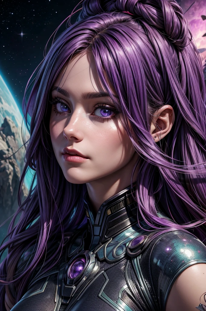 Realistic, Photorealistic, Masterpiece, RAW photo, full-length portrait, Beautiful Alien Woman With Lots Of Purple Hair, On a distant fantasy planet, Cosmic landscape, Cute sexy, Highly detailed, scifi aesthetic, Fantasy Aura, Unearthly vegetation, HDR, intricate details, realistic face and eyes, hyper-detailing, Author: Giger, Cinematic, Depth of field, rim light