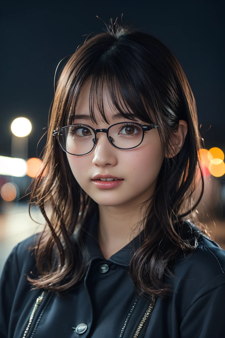 (8k、RAW Photos、Highest quality、masterpiece:1.2)、(Realistic、Photorealistic:1.37)、Ultra-detailed、Ultra-high resolution、1 girl、Seeing the viewer、Beautifully detailed face、Laughter、narrow、(Narrow waist) :1.3)、Chic autumn clothes、Beautifully detailed skin、Skin Texture、Floating Hair、((Curly Hair, Quirky hairstyle, Ahoge))、Professional Lighting、In front of the station at night、((Black square glasses ))、Human whole body、Brown Hair