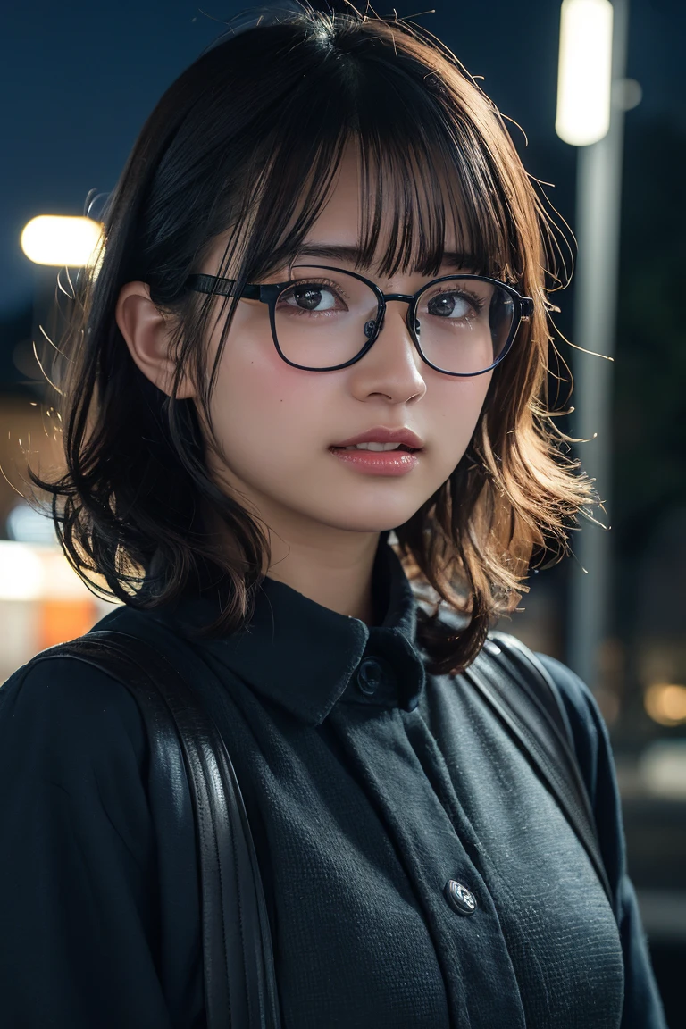 (8k、RAW Photos、Highest quality、masterpiece:1.2)、(Realistic、Photorealistic:1.37)、Ultra-detailed、Ultra-high resolution、1 girl、Seeing the viewer、Beautifully detailed face、Laughter、narrow、(Narrow waist) :1.3)、Chic autumn clothes、Beautifully detailed skin、Skin Texture、Floating Hair、((Curly Hair, Quirky hairstyle, Ahoge))、Professional Lighting、In front of the station at night、((Black square glasses ))、Human whole body、Brown Hair