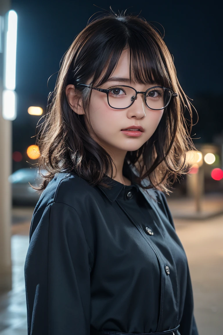 (8k、RAW Photos、Highest quality、masterpiece:1.2)、(Realistic、Photorealistic:1.37)、Ultra-detailed、Ultra-high resolution、1 girl、Seeing the viewer、Beautifully detailed face、Laughter、narrow、(Narrow waist) :1.3)、Chic autumn clothes、Beautifully detailed skin、Skin Texture、Floating Hair、((Curly Hair, Quirky hairstyle, Ahoge))、Professional Lighting、In front of the station at night、((Black square glasses ))、Human whole body、Brown Hair