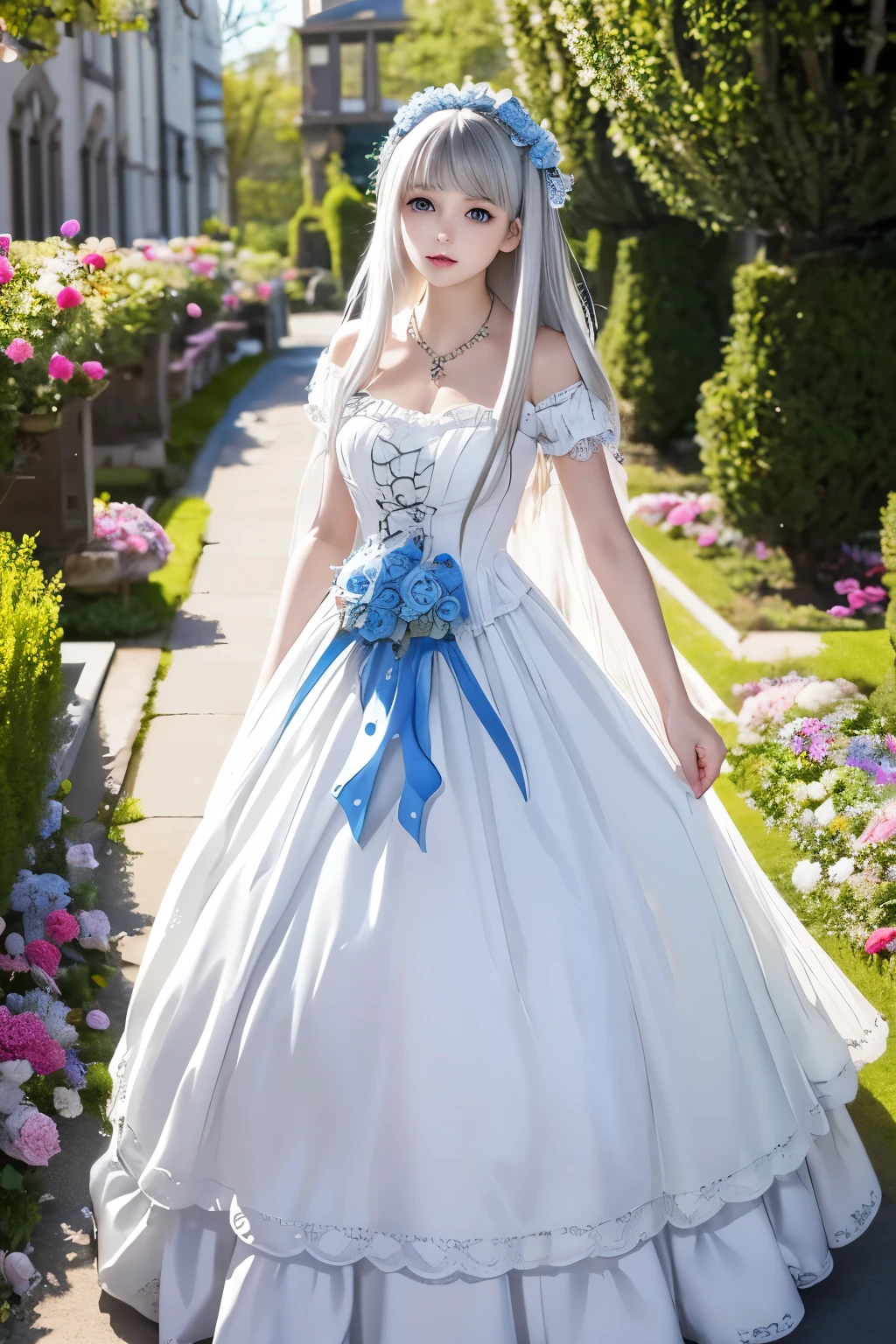 masterpiece,Highest quality,Very detailed,beautiful girl,Gorgeous white gothic lolita dress,Gorgeous necklace, teenager, (full body),Silver Hair,blue eyes,Perfect Face,Beautiful and detailed eyes,Beautiful Skin,skinny,Dynamic,Outdoor,Beautiful flowering garden,Lots of flowers
