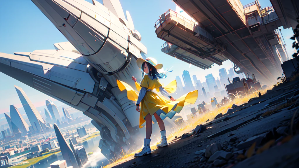 akira toriyama style、"cute, beautiful, Adorable girl in white clothes, yellow, Baby blue color scheme, Fashionable hats, rock, beautiful見た目, Floating in the sky, Fantastic depiction, Floating in the air, Full body description, Uplifting, Speed, Machine City, cyber punk, Back view, I can't see your face, back, back