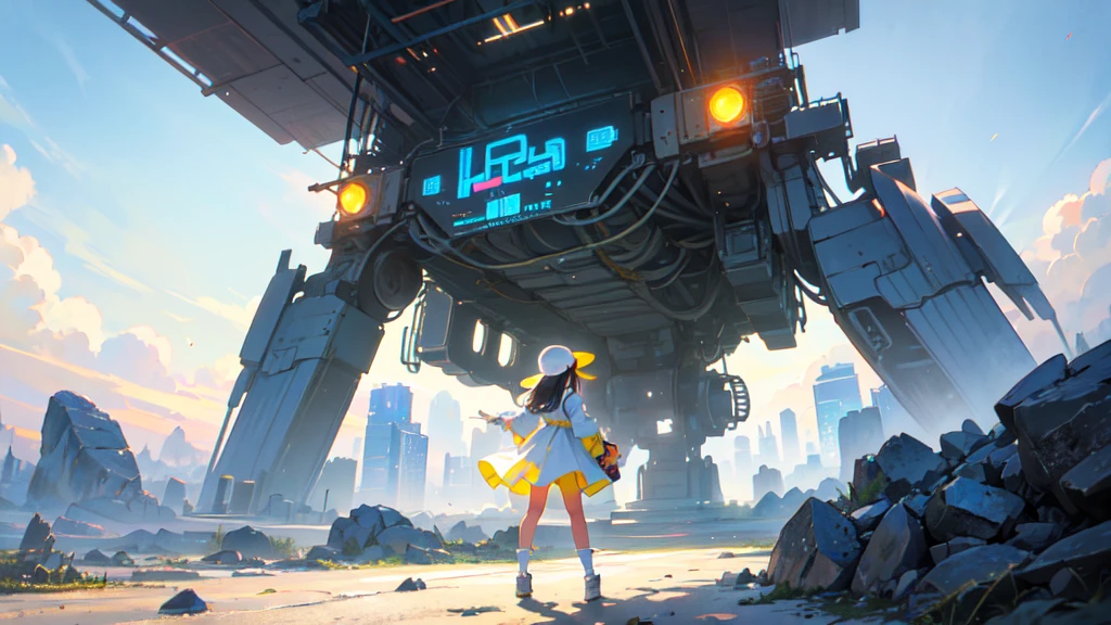 akira toriyama style、"cute, beautiful, Adorable girl in white clothes, yellow,  blue color scheme, Fashionable hats, rock, beautiful見た目, Floating in the sky, Fantastic depiction, Floating in the air, Full body description, Uplifting, Speed, Machine City, cyber punk, Back view, I can&#39;t see your face, back, back