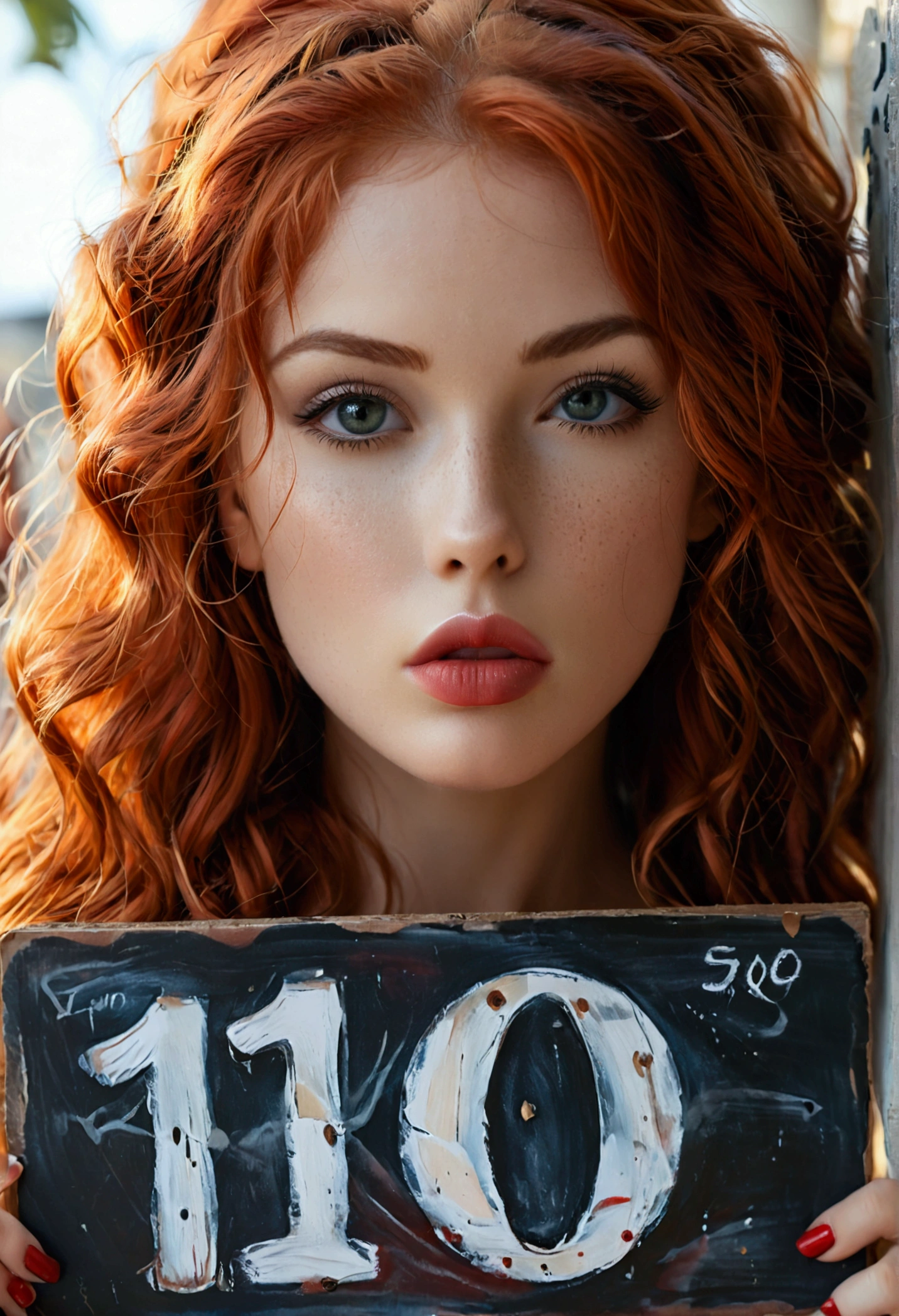 ultra realistic, photography, long red hair, girl, 24 years old, hourglass figure, perfect body, Flirty look, natural breasts, blur background, holding up a sign with "100" written on it, pouting lips, long eyelashes