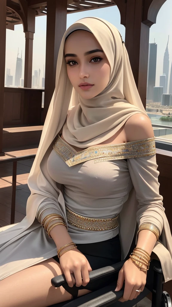 A beautiful Arabian girl, 1girl, detailed face, sharp nose, thin lips, round face, skinny hands and legs, tight bra, huge breasts, off shoulder, wearing hijab, golden bangles, bracelets, necklaces, swiss polo watch, sitting on wheelchair, Burj khalifa in the background, detailed squinting eyes, detailed horny face, (best quality,4k,8k,highres,masterpiece:1.2),ultra-detailed,(realistic,photorealistic,photo-realistic:1.37),HDR,UHD,studio lighting,ultra-fine painting,sharp focus,physically-based rendering,extreme detail description,professional,vivid colors,bokeh,fashion portrait