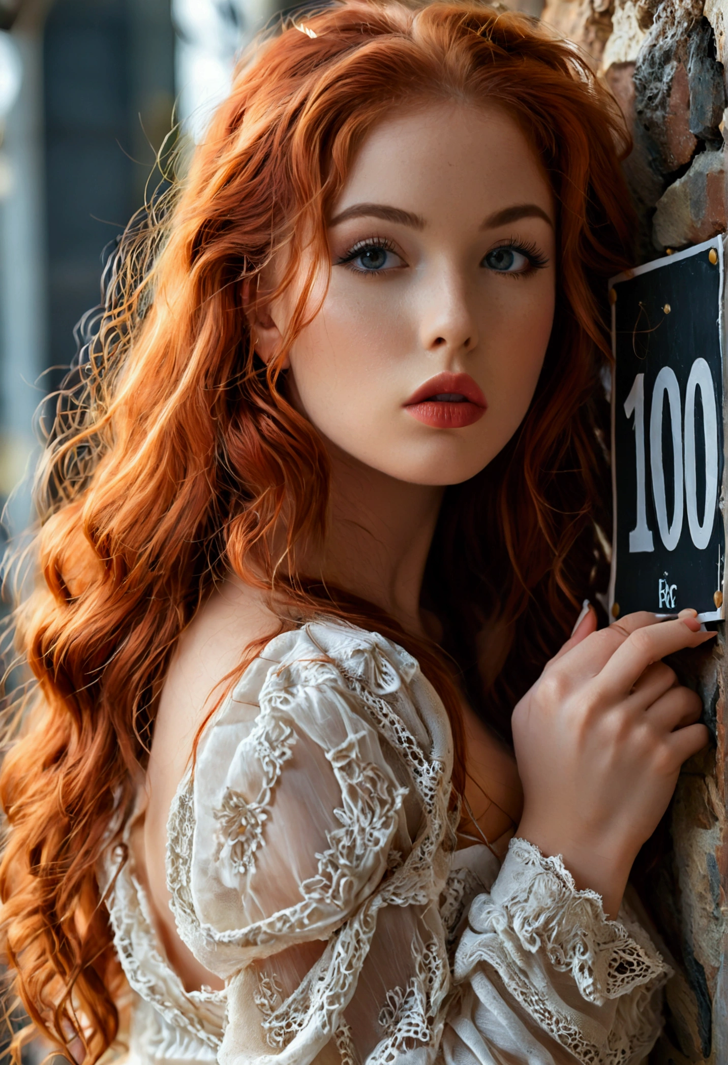 ultra realistic, photography, long red hair, girl, 24 years old, hourglass figure, perfect body, Flirty look, natural breasts, blur background, holding up a sign with "100" written on it, pouting lips, long eyelashes
