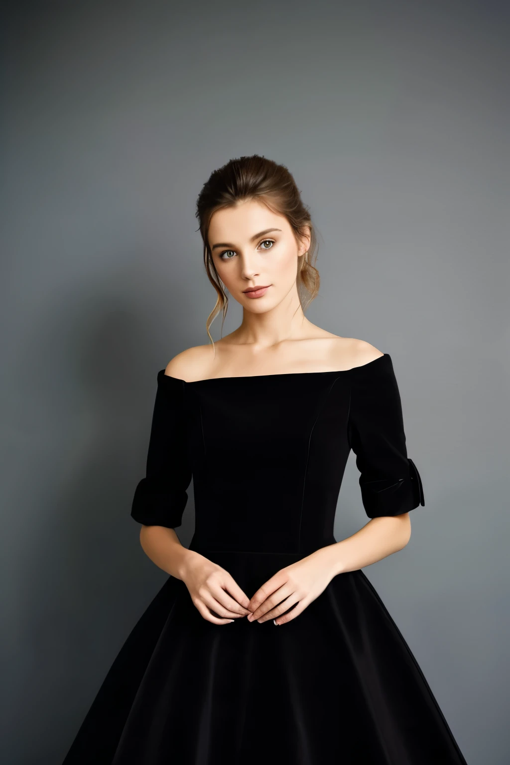 photographie couleur, plan médian, Robe noire, premier plan, ((Une photo réaliste d'une belle jeune fille blonde de 25 ans))sur un lit dans sa chambre