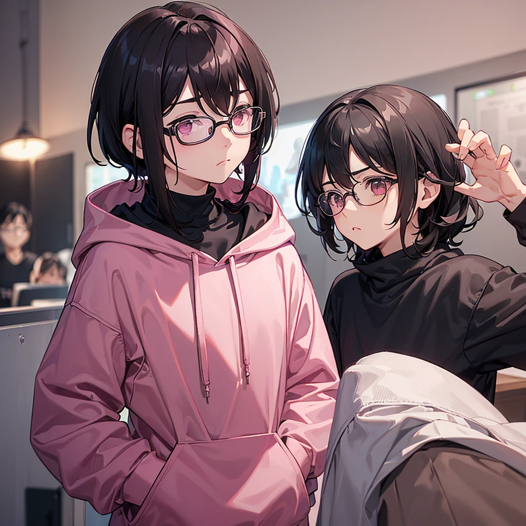 A boy ((pink sweatshirt, Bblack hair, eyes browns, wearing glasses)), Grieving, black backdrop, looking straight ahead, ((best qualityer)), Arte estilo de anime, with raised hood,