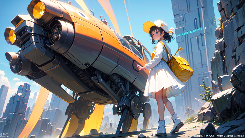 akira toriyama style、"cute, beautiful, Adorable girl in white clothes, yellow, Baby blue color scheme, Fashionable hats, rock, beautiful見た目, Floating in the sky, Fantastic depiction, Floating in the air, Full body description, Uplifting, Speed, Machine City, cyber punk, Back view, I can't see your face, back, back, Pop anime style