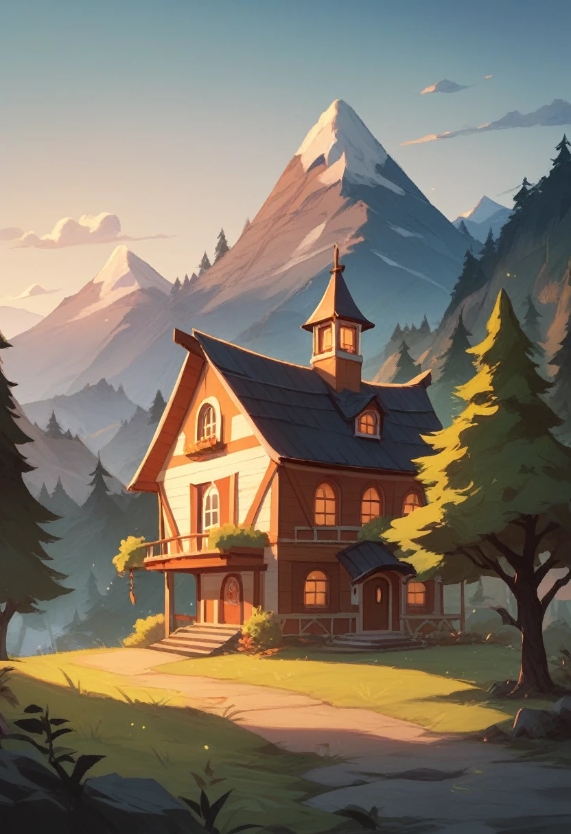 Thatched house with mountains at night with big trees