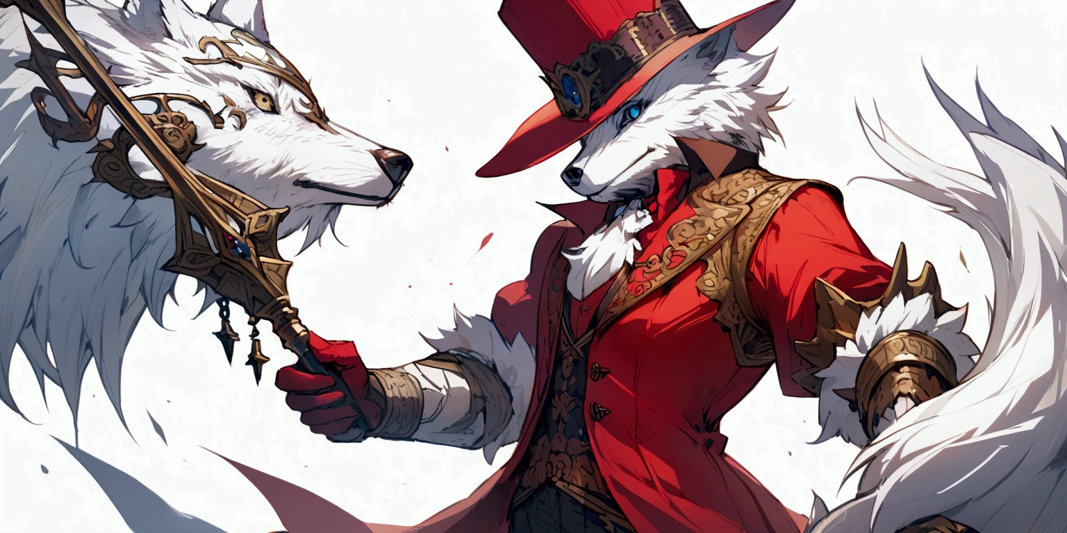 A white wolf wearing a red top hat, white background full of fantasy writing, RPG, detailded