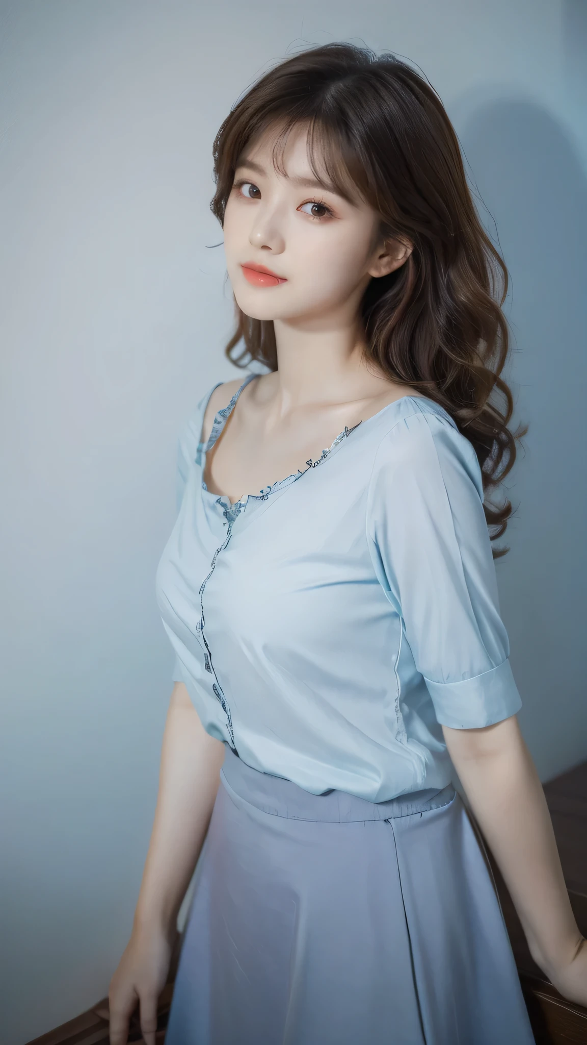 detailed background, masterpiece, best quality, 1 person , curly hair, long hair, purple eyes, star in eye , light blue color Strapless blouse, long skirt