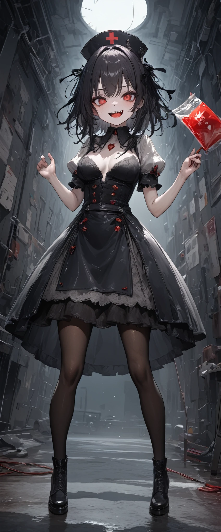 quality\(masterpiece, best quality,8k,wallpaper of extremely detailed CG unit,hight resolution,top-quality,top-quality real texture skin,hyper realisitic,increase the resolution,RAW photos,best qualtiy,highly detailed,the wallpaper\), BREAK ,1girl\(20 years old,cute,black hair,dark nurse,nurse costume\((black:1.4),leather\),nurse hat\((black:1.4),leather\),(wearing make-up:1.4),pantyhose,red eye,big eyes,eye shining,(holding blood bag:1.2),evil,(evil smile:1.3),sharp teeth,open mouth,full body, luscious body,white skin,pale skin,breast,(full body:1.3),(mad:1.3)\), BREAK ,background\(ruined hospital,sparks of the electric,(very dark:1.5),dirty, messed,(in operation room:1.3),night\),(dynamic angle:1.8),dynamic pose,long shot,landscape,[horror:2.0],(gothic:1.5),dynamic angle