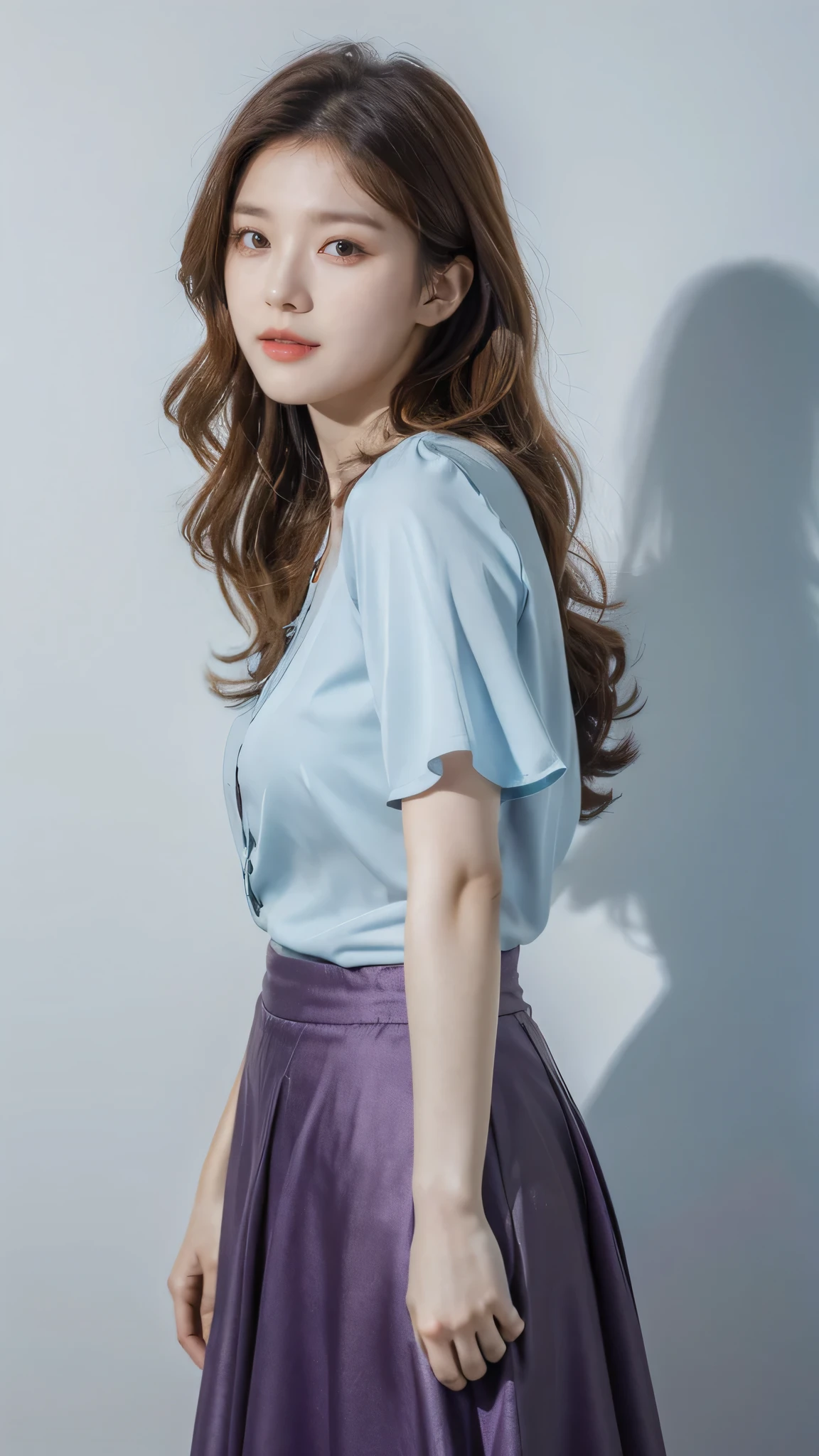 detailed background, masterpiece, best quality, 1 person , curly hair, long hair, purple eyes, star in eye , light blue color Strapless blouse, long skirt