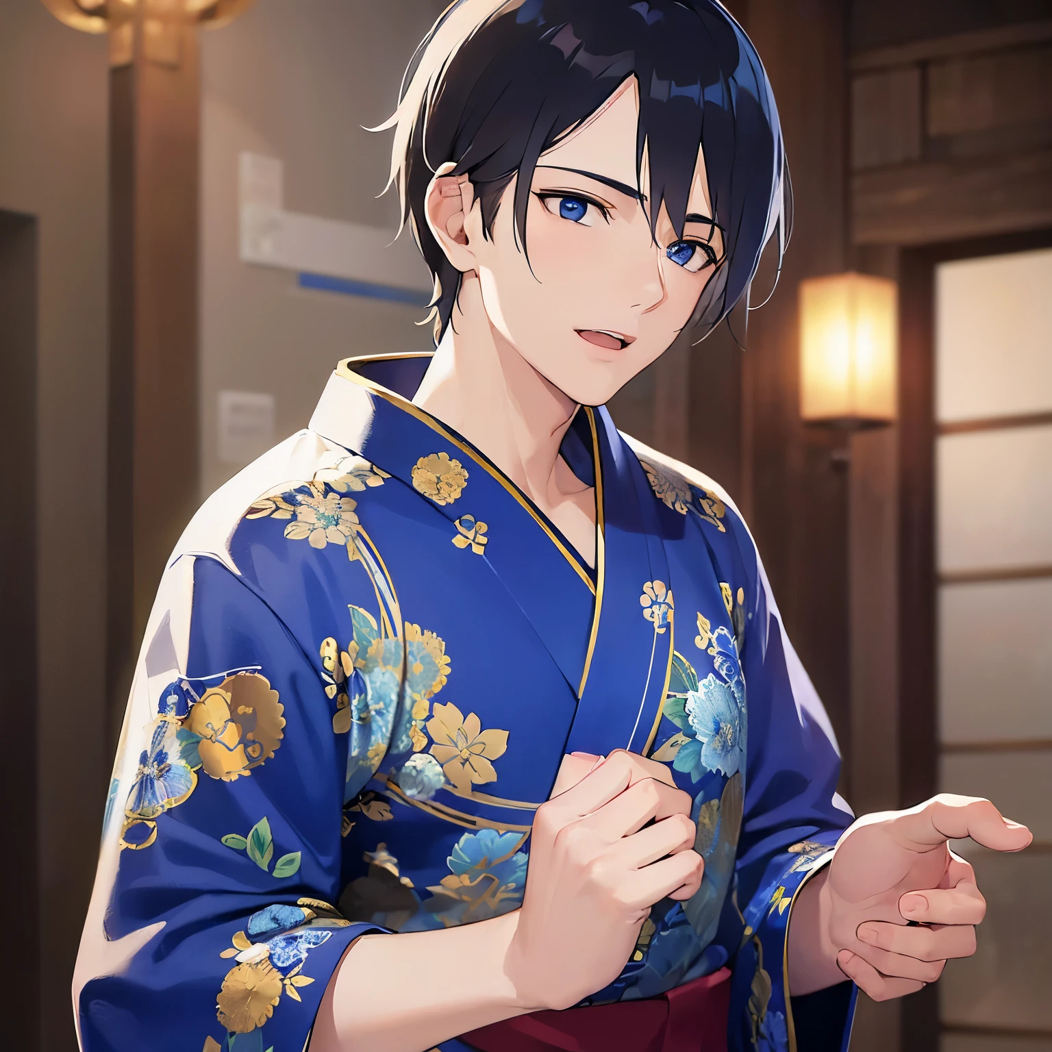 (25-year-old male:1.5) and(Black short hair) and (blue eyes), (looking away:1.5), upper body、
masterpiece、Highest quality、
(Blue) and (yukata),(open mouth:1.5),confused,背景はnightの和風の廊下,(night:1.5)