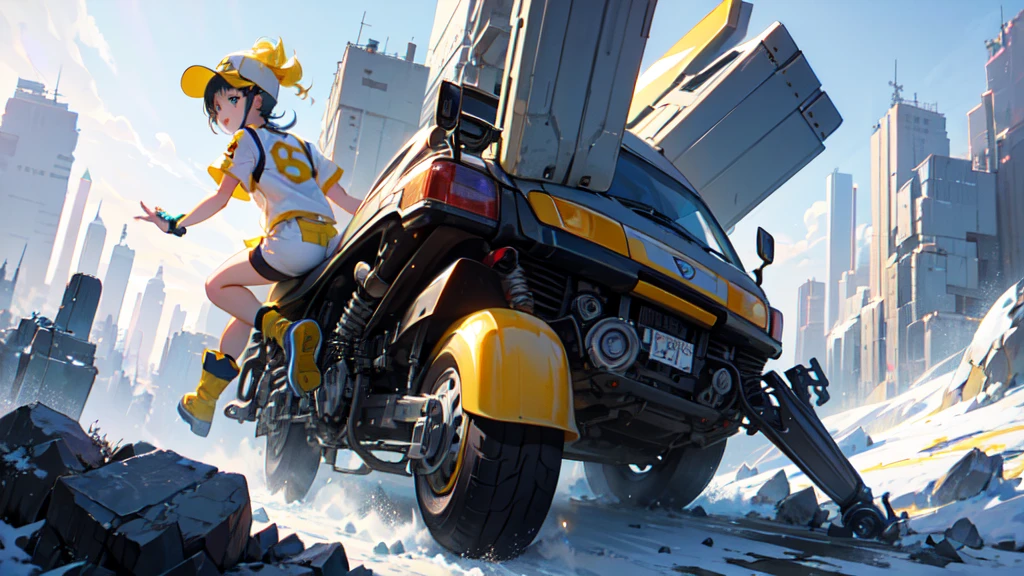 akira toriyama style、"cute, beautiful, Adorable girl in white clothes, yellow, Baby blue color scheme, Fashionable hats, rock, beautiful見た目, Floating in the sky, Fantastic depiction, Floating in the air, Uplifting, Speed, Machine City, cyber punk, Back view, I can't see your face, back, back, Pop anime style, Delicate depiction, Ultra delicate