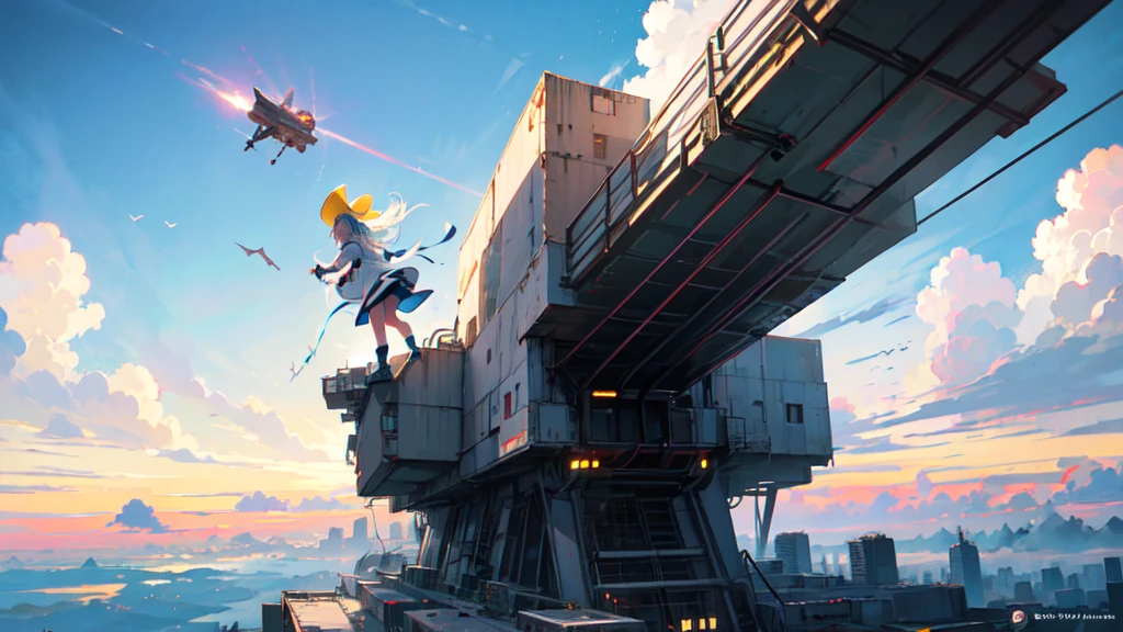 akira toriyama style、"cute, beautiful, Adorable girl in white clothes, yellow, Baby blue color scheme, Fashionable hats, rock, beautiful見た目, Floating in the sky, Fantastic depiction, Floating in the air, Uplifting, Speed, Machine City, cyber punk, Back view, I can't see your face, back, back, Pop anime style, Delicate depiction, Ultra delicate