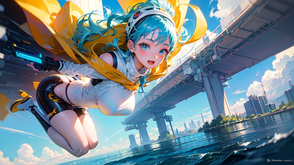 akira toriyama style、"cute, beautiful, Adorable girl in white clothes, yellow, Baby blue color scheme, Fashionable hats, rock, beautiful見た目, Floating in the sky, Fantastic depiction, Floating in the air, Uplifting, Speed, Machine City, cyber punk, Back view, I can't see your face, back, back, Pop anime style, Delicate depiction, Ultra delicate