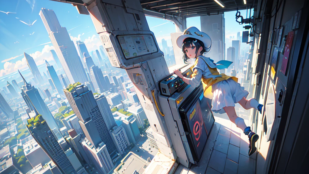 akira toriyama style、"cute, beautiful, Adorable girl in white clothes, yellow, Baby blue color scheme, Fashionable hats, rock, beautiful見た目, Floating in the sky, Fantastic depiction, Floating in the air, Uplifting, Speed, Machine City, cyber punk, Back view, I can't see your face, back, back, Pop anime style, Delicate depiction, Ultra delicate