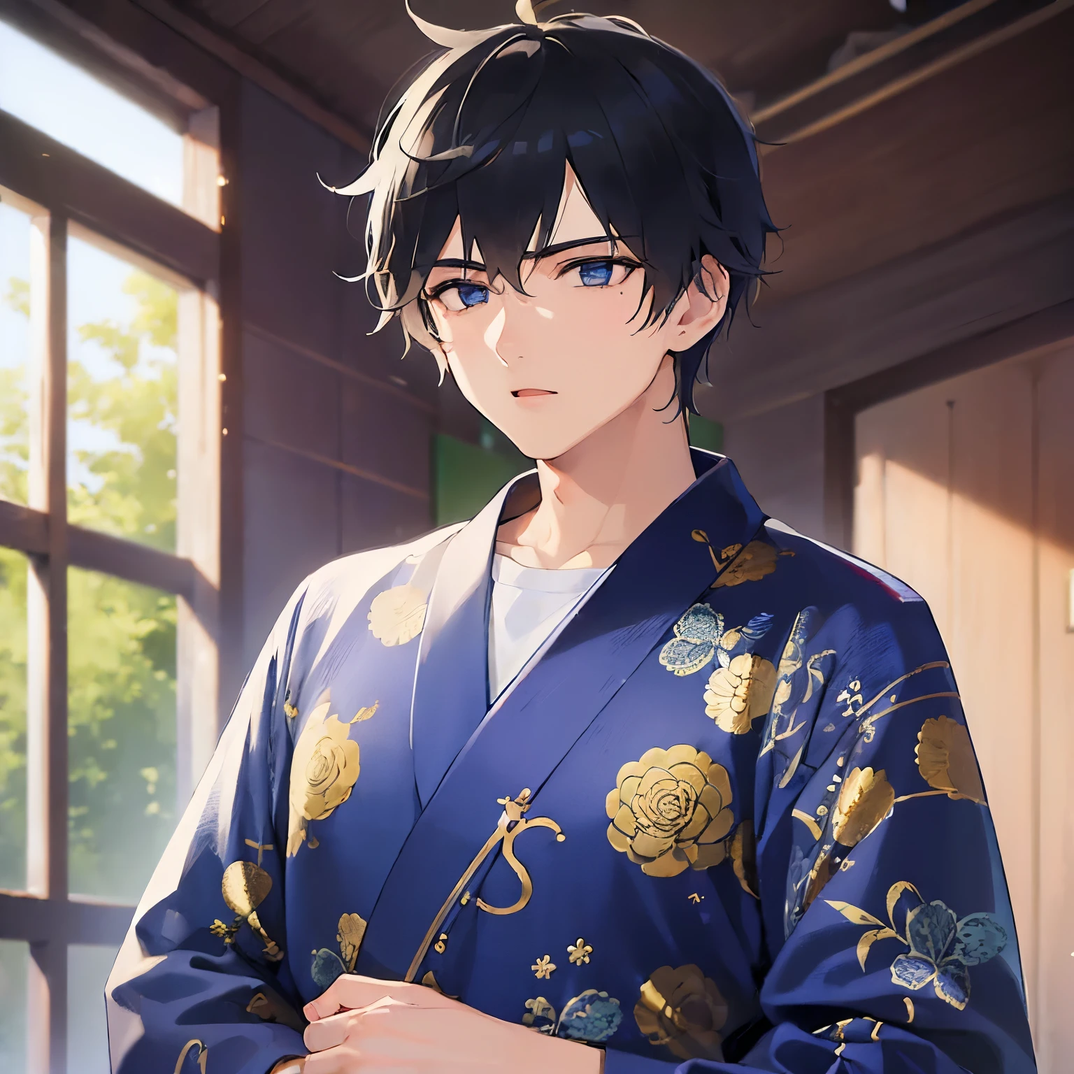 (25-year-old male:2) and(Black short hair) and (blue eyes), (looking away:1.5), upper body、(outstretched hand:1.5)、
masterpiece、Highest quality、
(Blue) and (yukata),(open mouth:1.5),Serious,背景はnightの和風の廊下,(night:1.5),indoor